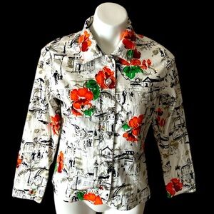 Susan Graver Style Women’s Black And White Floral Cotton Button Down Top Size XS